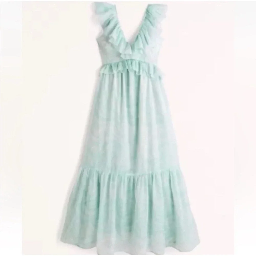 Abercrombie & Fitch S Drama Maxi Dress Ruffle Teal Blue Cocktail Wedding Guest